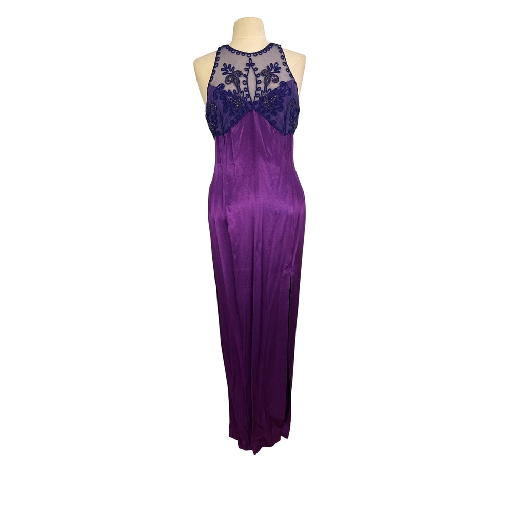Roberta Purple Beaded Illusion Neckline Gown Halter Back Slit